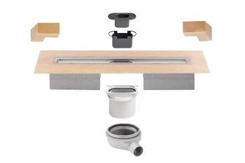 Schlüter STRKLH50G2E140 Kompletny zestaw do poziomego odwodnienia liniowego KERDI-LINE-H 50 G2 Stal nierdzewna - 1400 mm - 120 mm - 1.5 mm