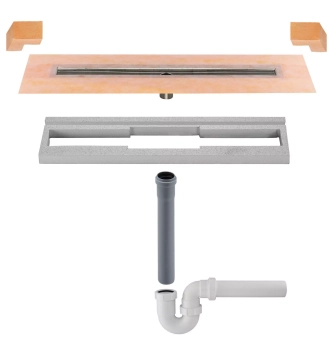 Schlüter STRKLV50GSE150 Kompletny zestaw odwodnienia liniowego z pionowym odpływem KERDI-LINE-V Stal nierdzewna - 1500 mm - 120 mm - 22 mm - 1.5 mm