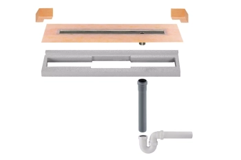 Schlüter STRKLVO50GSE110 Kompletny zestaw odwodnienia liniowego z pionowym odpływem KERDI-LINE-V Stal nierdzewna - 1100 mm - 120 mm - 22 mm - 1.5 mm