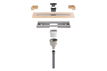 Schlüter STRKLV50G2E160 Kompletny zestaw odwodnienia liniowego z pionowym odpływem KERDI-LINE-V 50 G2 Stal nierdzewna - 1600 mm - 120 mm - 1.5 mm