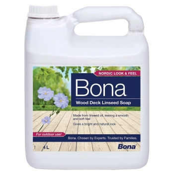 Bona Mydło lniane do pielęgnacji  tarasów drewnianych 4 L Bona Wood Deck Linseed Soap to skoncentrowane mydło lniane, które pielęgnuje i chroni drewniane powierzchnie zewnętrzne
