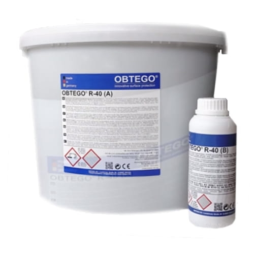 OBTEGO R-40 (A: 18,3 kg + B: 0,366 kg) Składnik A: 18,3 kg plastikowe wiadro + Składnik B: 0,366 kg. Dwuskładnikowy, pigmentowany, wysoce reaktywny hybrydowy krzemian litu. Kolor w nawiązaniu do RAL 7036 (brak dokładnego koloru RAL)
